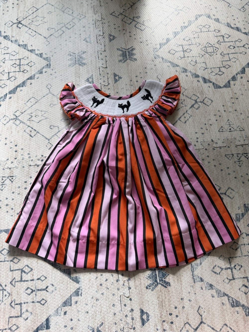 Pink & Orange Cat Striped Smocked Dress - Halloween